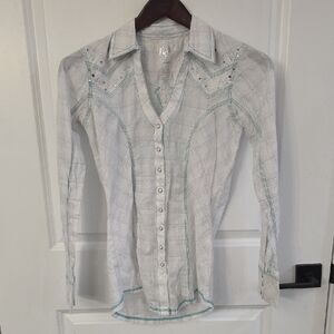 Rock47 By Wrangler White and Teal Plaid Snap Button-Up Shirt With Silver Lines